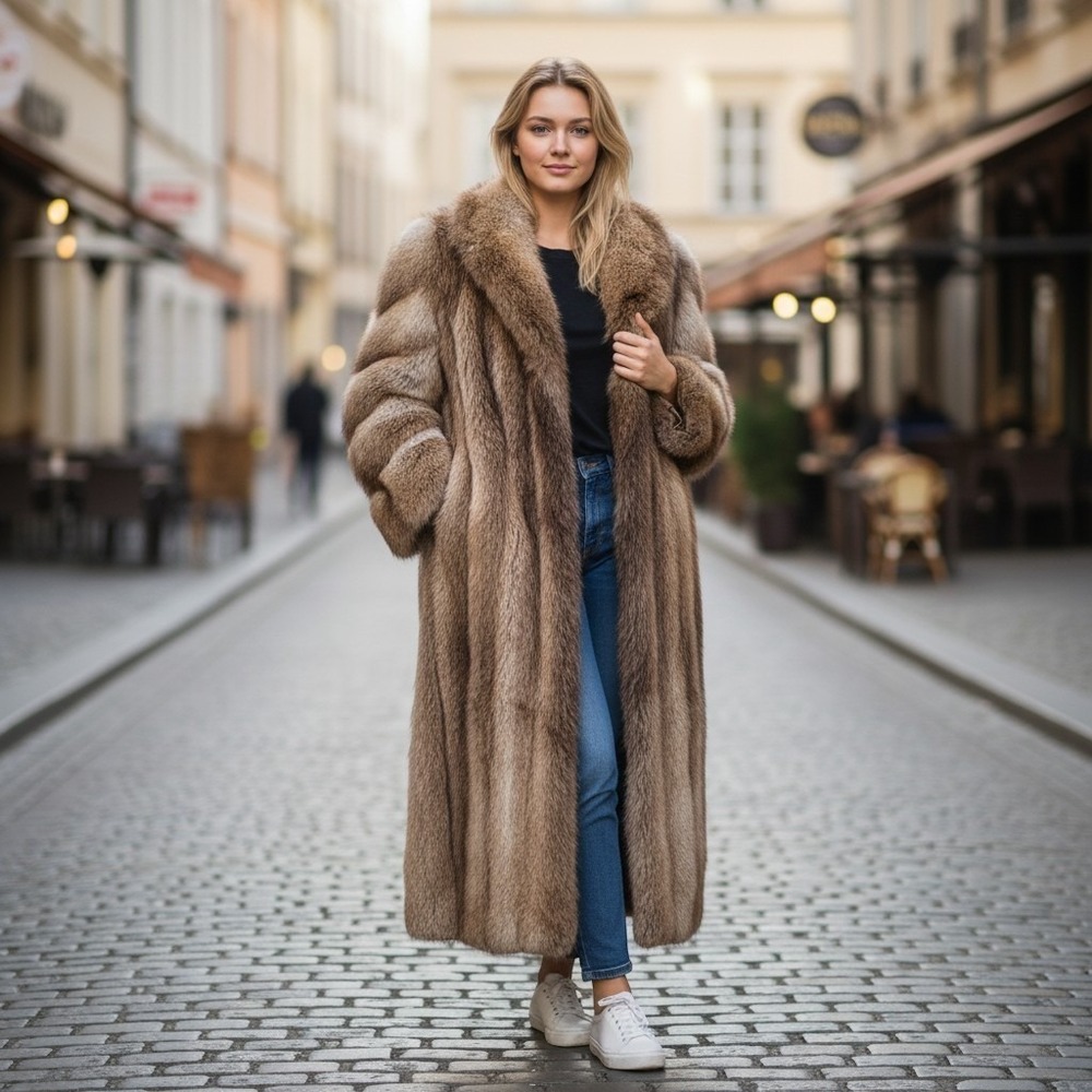 Elan Furs Natural Blonde Beaver Fur Coat Full Length Brown Tan Long Coat